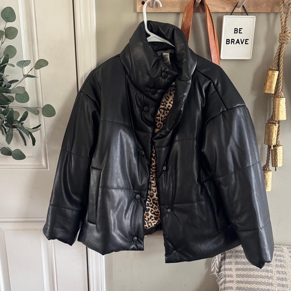 Sans Souci Black Puffer Jacket with Leopard Print